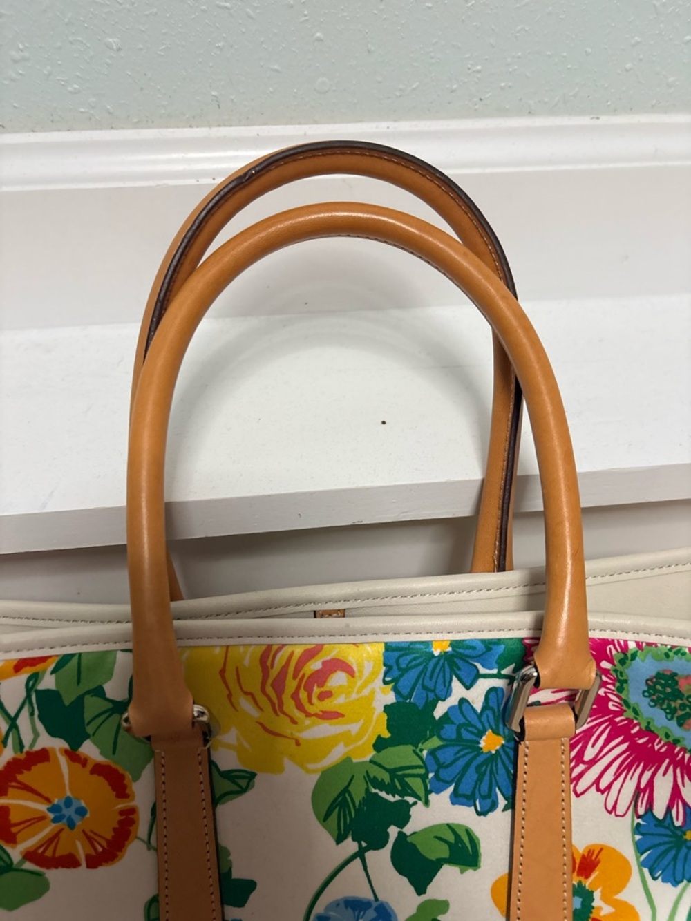Coach Floral Tote Canvas Leather Multicolor Spring Shoulder Bag - Picture 4 of 10